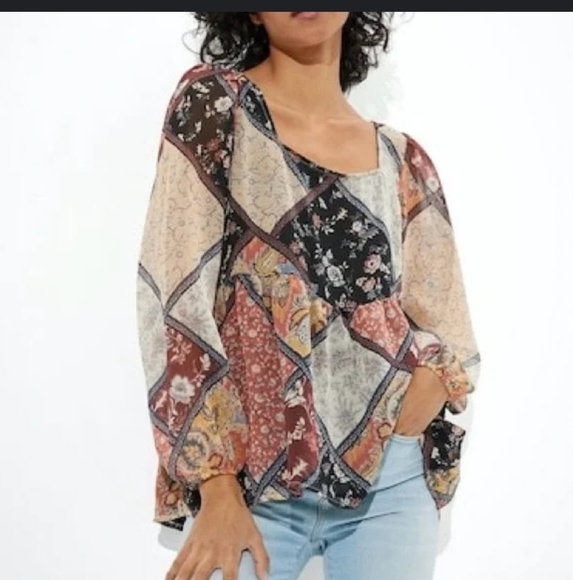 American Eagle Patchwork Print Tiered Square Neck Bow Back Blouse Size XS - Picture 1 of 5